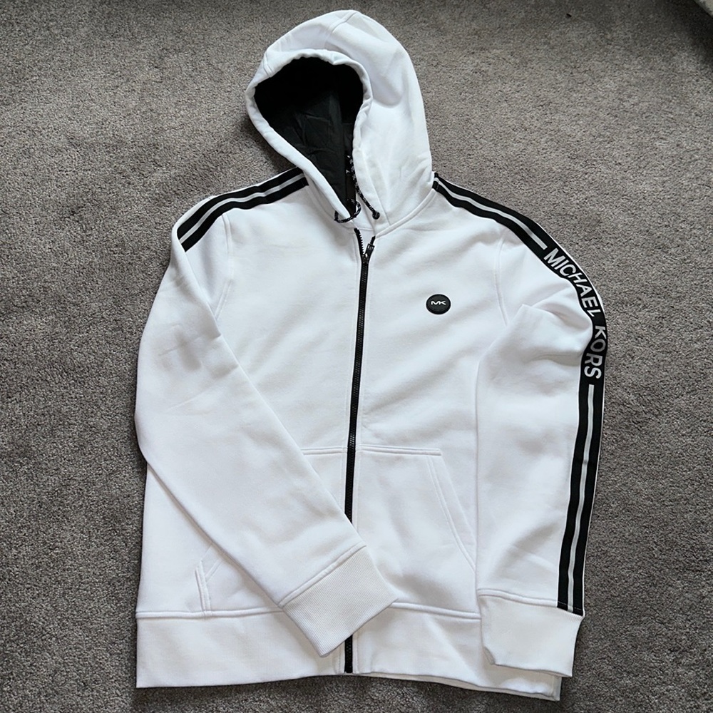 Michael Kors white zip up hoodie lined hood men’s Large NWT smoke free